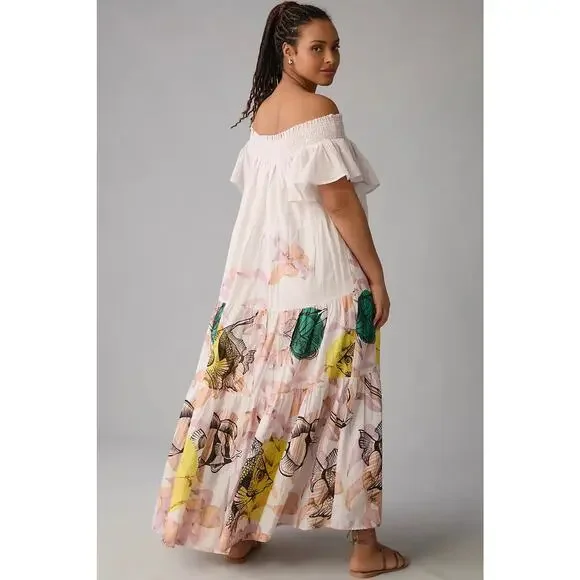 Anthropologie Maeve Pia Binazzi Tiered Off the Shoulder Pink Maxi Dress, Small - Picture 3 of 15